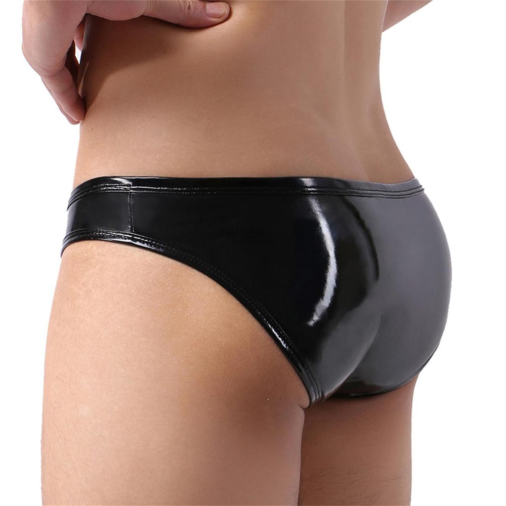 Herren Glänzende Kunstleder Slips mit Metallschnalle und U-Beutel-Design, Hüfttief, Europäische Größe.