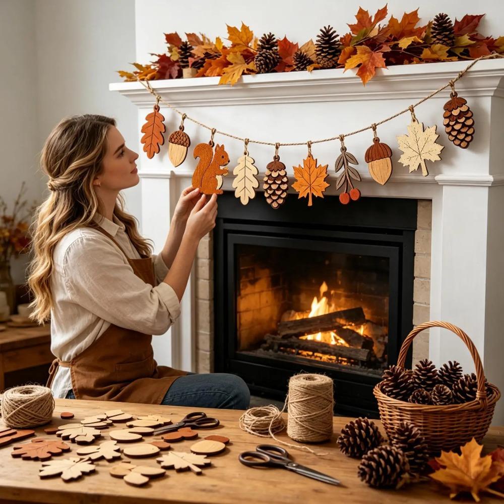 Wood Hanging Banner Decors Cutout Pendants Fall Wooden Garland  For Thanksgiving Decor