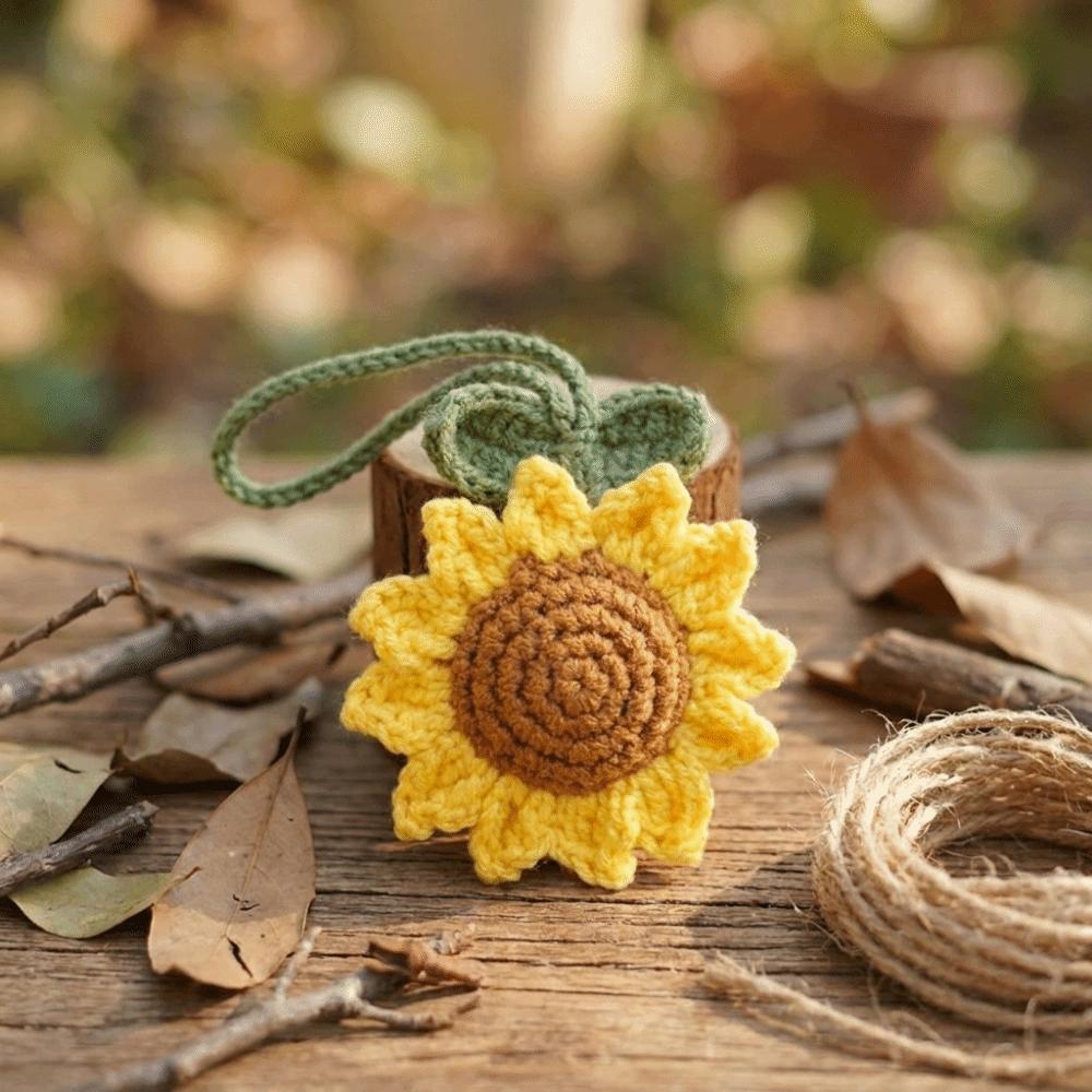 Cotton Crochet Sunflower Pendant Fabric Bag Lanyard Charm Cute Knitted Keychain Daily