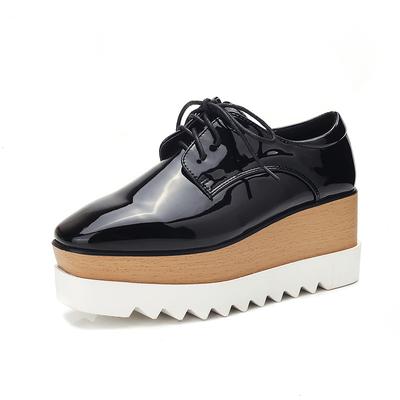British Thick Soled Sponge Cake Shoes for Women In Autumn Lace Up Square Toe Patent Leather Deep Cut Single Shoes, High Heels, Sloping Heels HZB