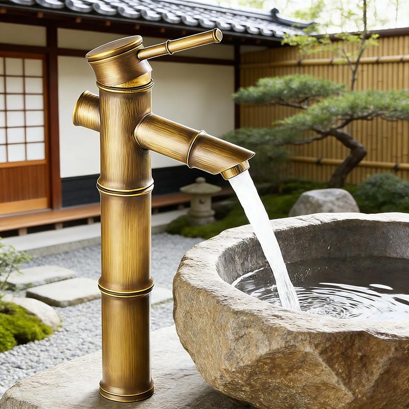 European Antique Bamboo Style Basin Faucet - Solid Copper Vessel Sink Mixer Tap, Hot & Cold Water for Wash Basin