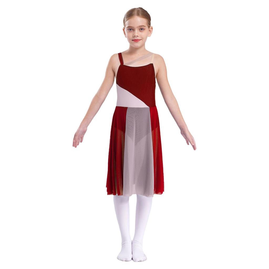 Kids Girls Mesh Overlay Ballet Contemporary Dance Dress Lyrical Leotard Costume Sleeveless Dresses