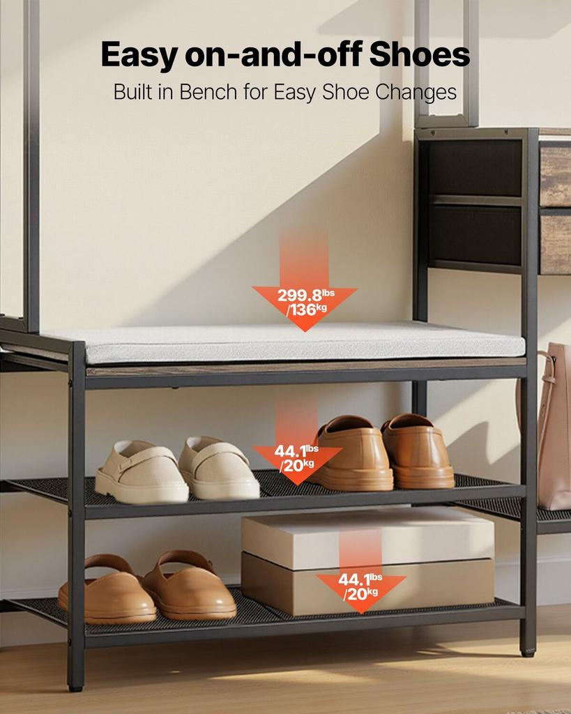 Hall Tree, 1800 mm Coat Rack with Shoe Bench & 2 Drawers, 3-in-1 Freestanding Shoe Rack Storage Organizer with Bookshelf & Wire Shelf, Steel Frame