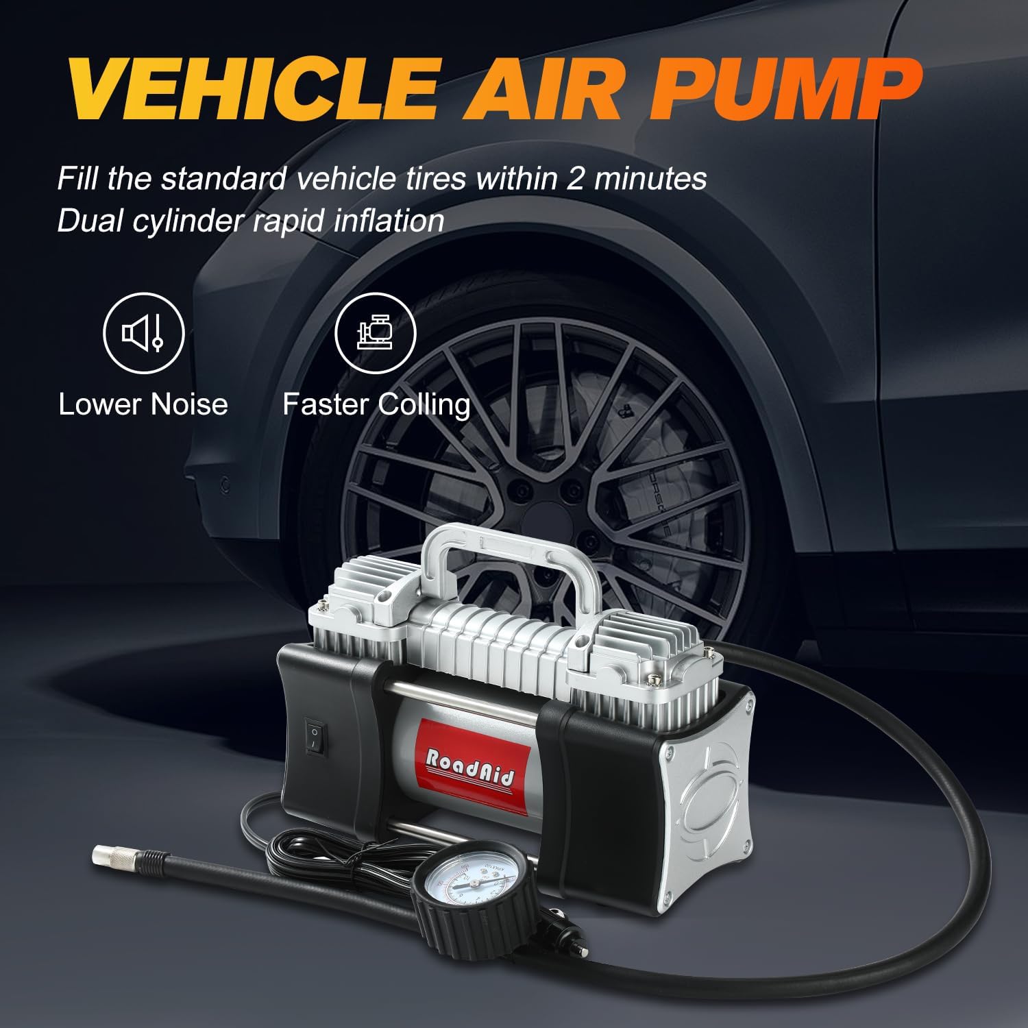 

12V Portable Tire Inflator, 150PSI Double Cylinder Air Compressor with Battery Clamp, 5M Hose, Aluminum Case for Car, SUV, Motor United States