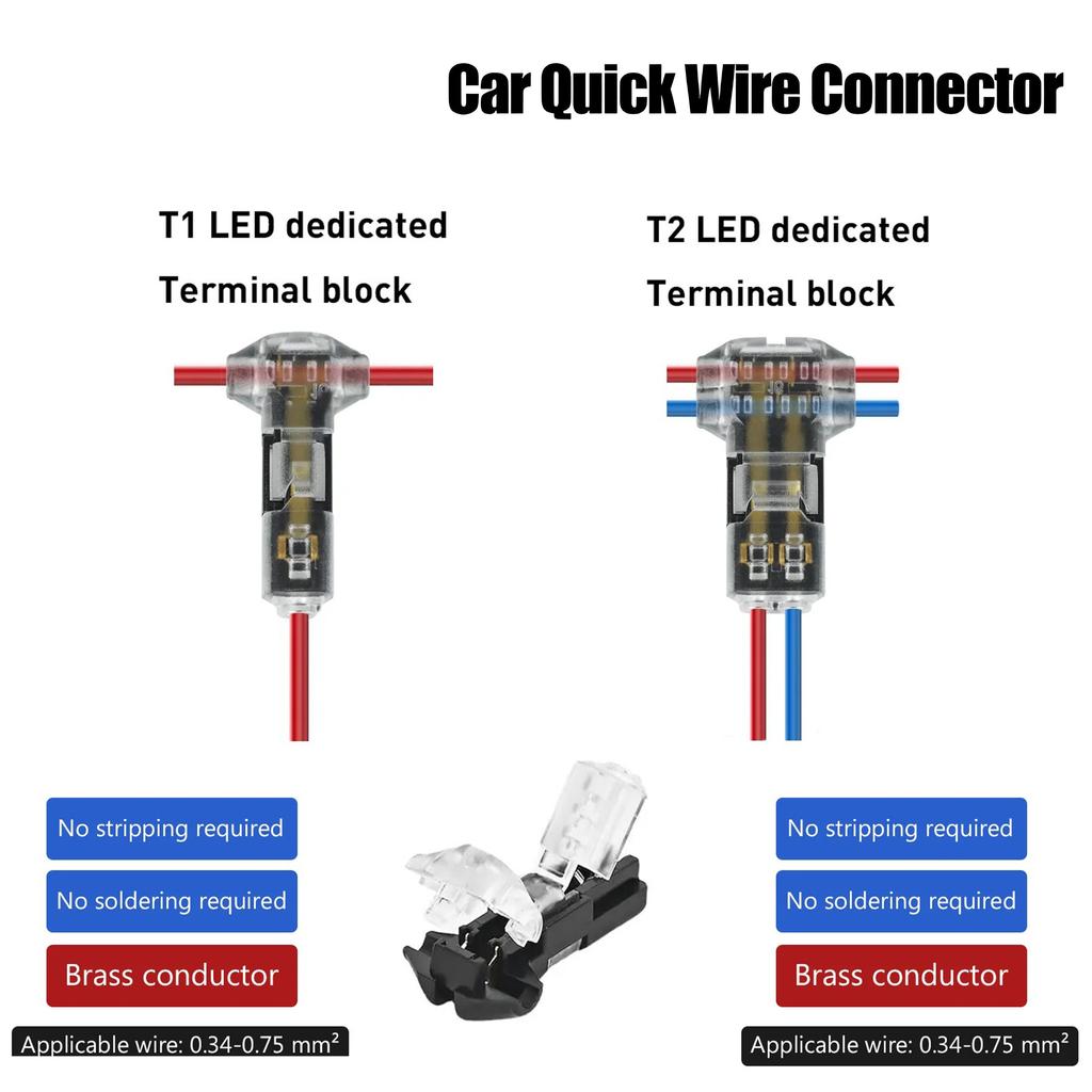 10 Pcs T1/T2 Wire Cable Snap In Connectors No-solder No-peel Quick Terminal Connections Joiners Auto Plug Electrical Accessories
