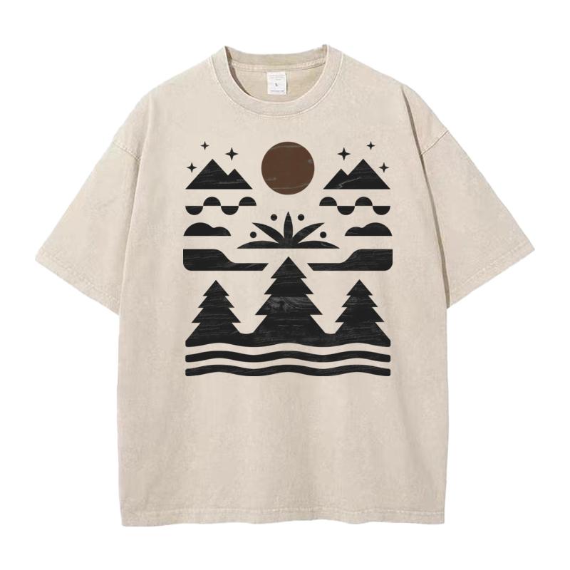 Mountain Outdoors Tree Washed T Shirt Leisure Discount Round Collar All Cotton Tops Tees Washed Tshirts for Women Father Day