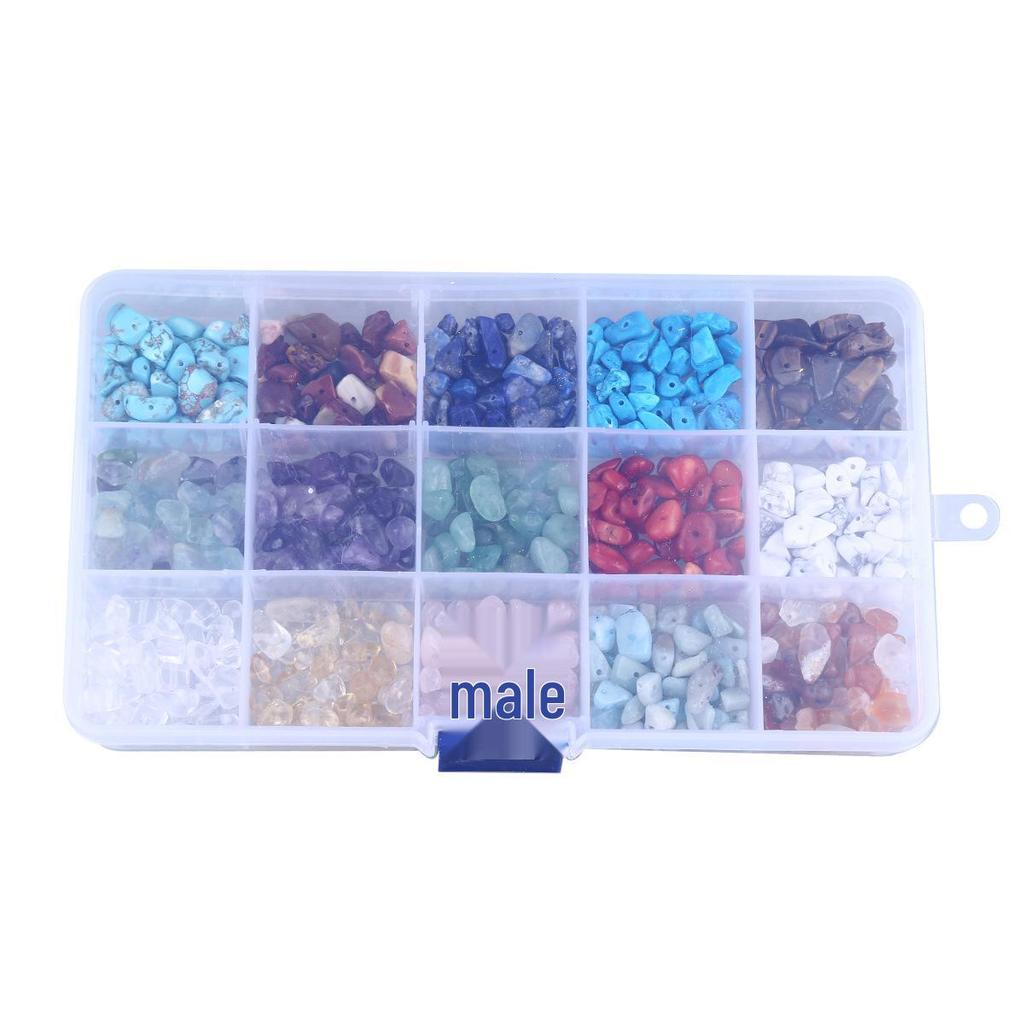 Crushed Natural Stone Bead Set: 15 Compartments with Amethyst, Lapis, Agate, Tiger Eye, Crystal, Turquoise, & More