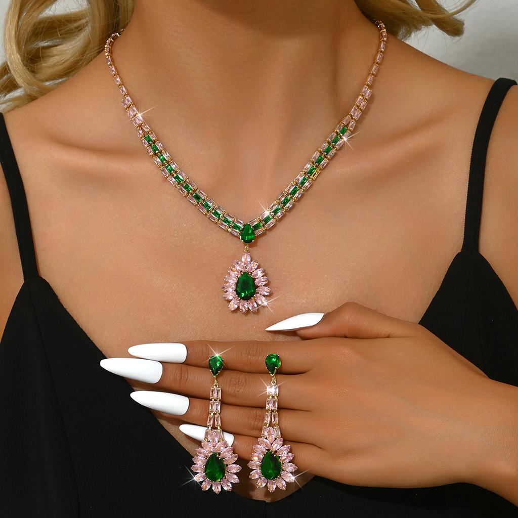 3PC Women's Fashion Zircon Water Drop Necklace Earrings Zircon Set High End Wedding Party Festival Gift-8559