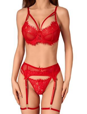 Strumpfhalter-Unterwäsche blumiger Strumpfhalter großer BH süß [Lvoydor] Set, Stickerei, Dessous, Größe, durchsichtiges Set,