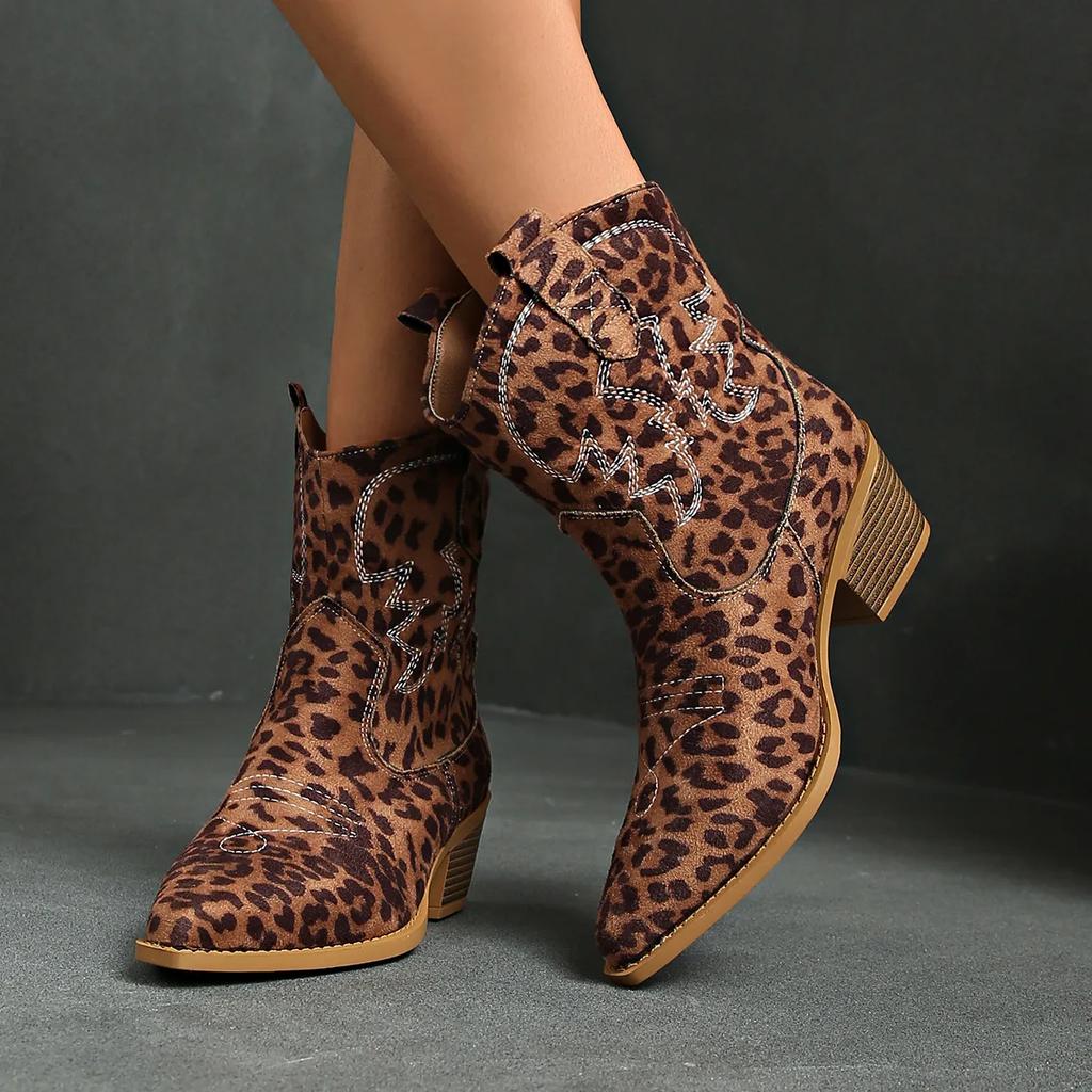 Fashion Pointed Coarse Heel Large Western Cowboy Short Boots Embroidered Brown Women's Shoes and Ankle Boots for Women 2025