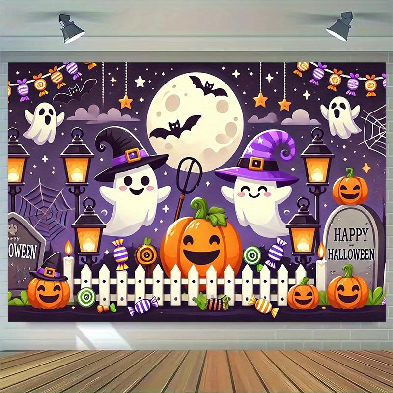2D flat  1 piece Halloween party background with happy animals and pumpkins  suitable for living room  bedroom