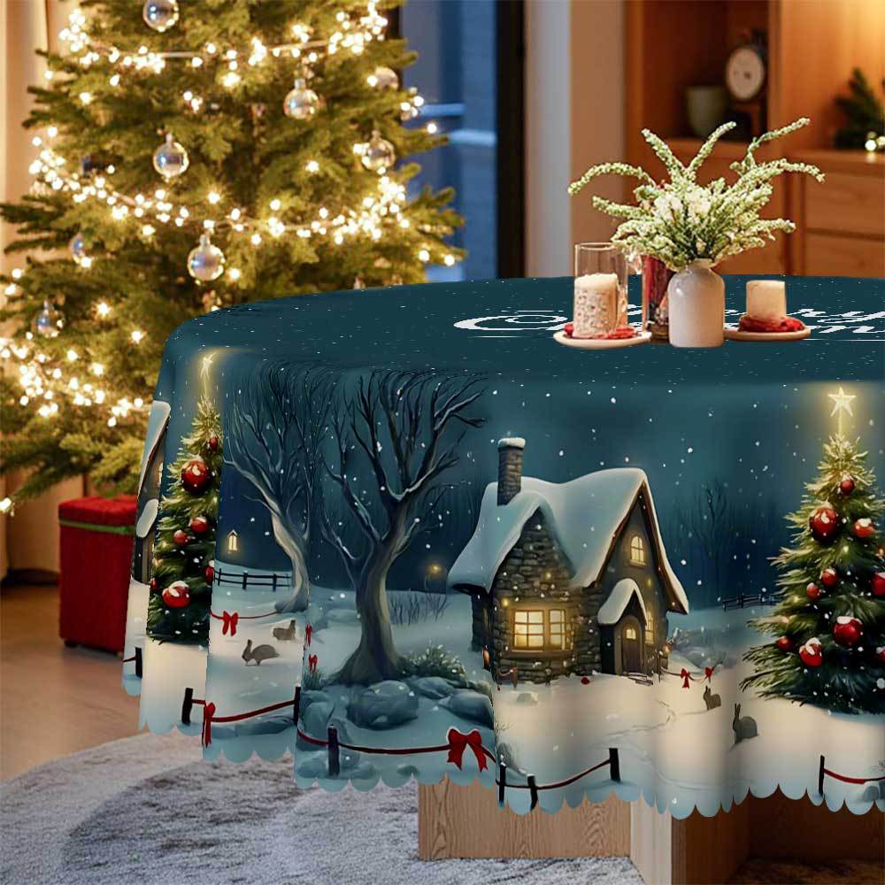 Christmas Theme Blue Round/Rectangular Tablecloth Snow Christmas Tree Pattern, Table Decoration Cloth Festive Atmosphere