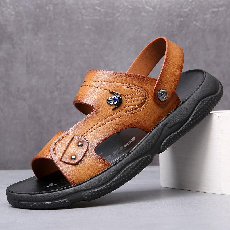 Summer High Quality Sandals Men's New Summer Dual Purpose Beach Shoes Anti-skid Leather Slippers Outdoor Waterproof Beach Shoes