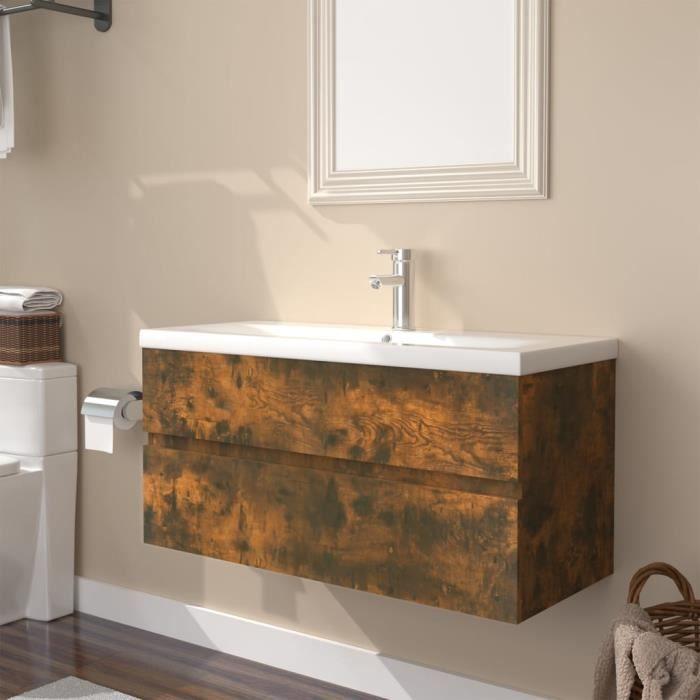 3152879 vidaXL Vanity Unit with Integrated Basin Smoked Oak Engineered Wood