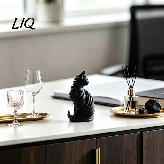 Artistic PLA Cat Statue for Desk 3D Printed Sculpture, Modern Style Matte Statue, Black Contemporary Home Accents Entrance And White Ornament