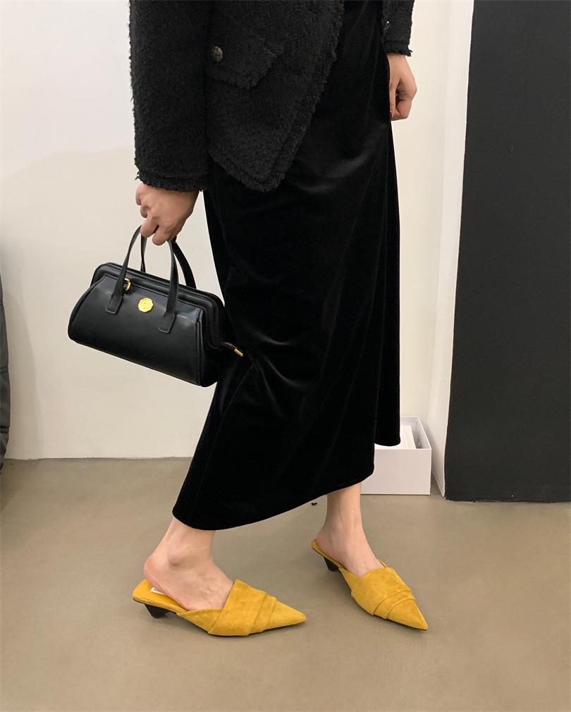 Inside and outside full leather muller shoes special-shaped heel pointed leopard print bag head slippers fashion medium heel half drag lazy drag