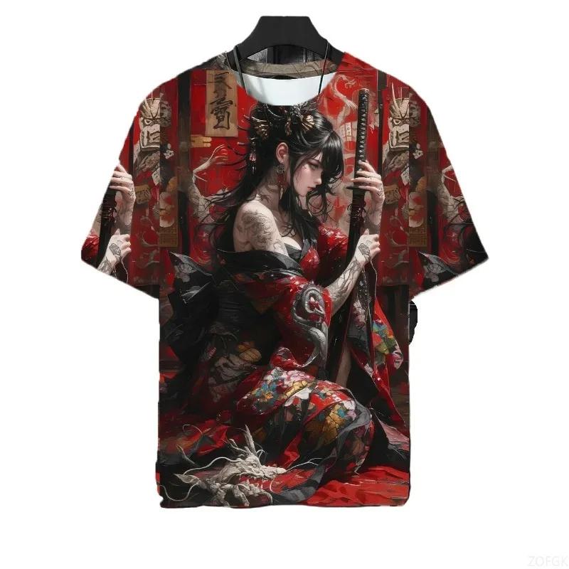 Japanese Samurai Girl Tattoo T-shirt 3D Beautiful Printed T-shirt for Men and Women Harajuku Short Sleeved Top