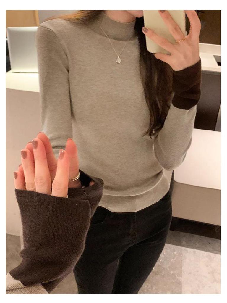 Korean Color Block Slim Fit Women's Knitwear - Autumn/Winter Long Sleeve Semi-High Neck Sweater