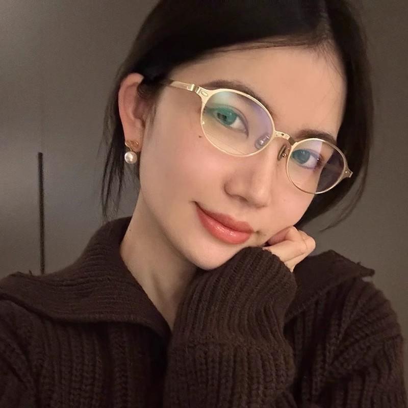 New High Quality Metal Oval Glasses Frame For Women High End Plain Glasses Flat Lens Anti Blue Light And Anti Radiation Glasses