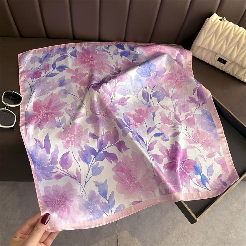 2026 New Floral Print Silk Square Scarfs for Women Decorate Neck Ties Kerchief Lady Summer Beach Hijab Female Neckerchief Wraps