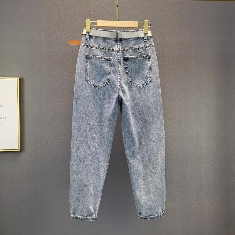 Letnie damskie modne podarte jeansy nowe luźne jeansy z wysokim stanem koraliki kryształki harem spodnie damskie spodnie jeansowe z dziurami
