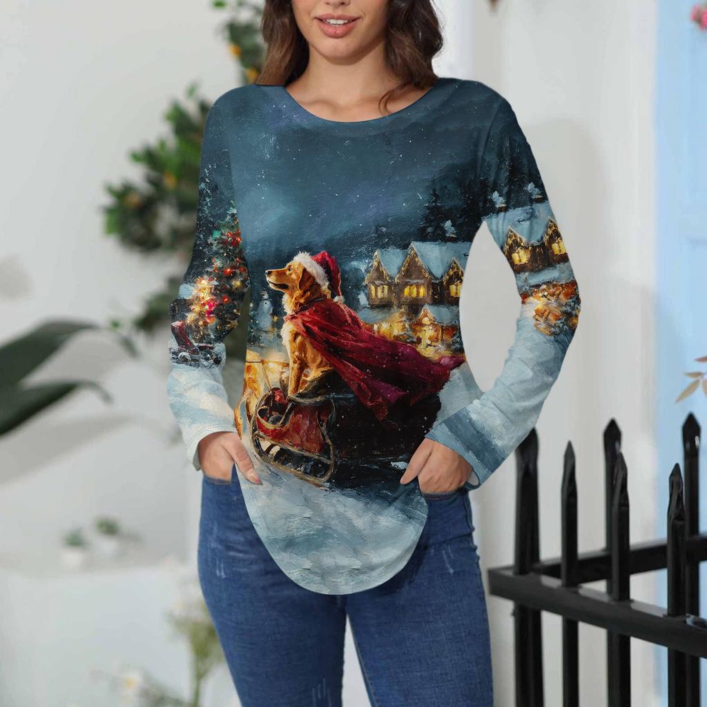 Tee Shirts For Women Casual Round Neck Long Sleeve Shirts Christmas Printing Top Pullover