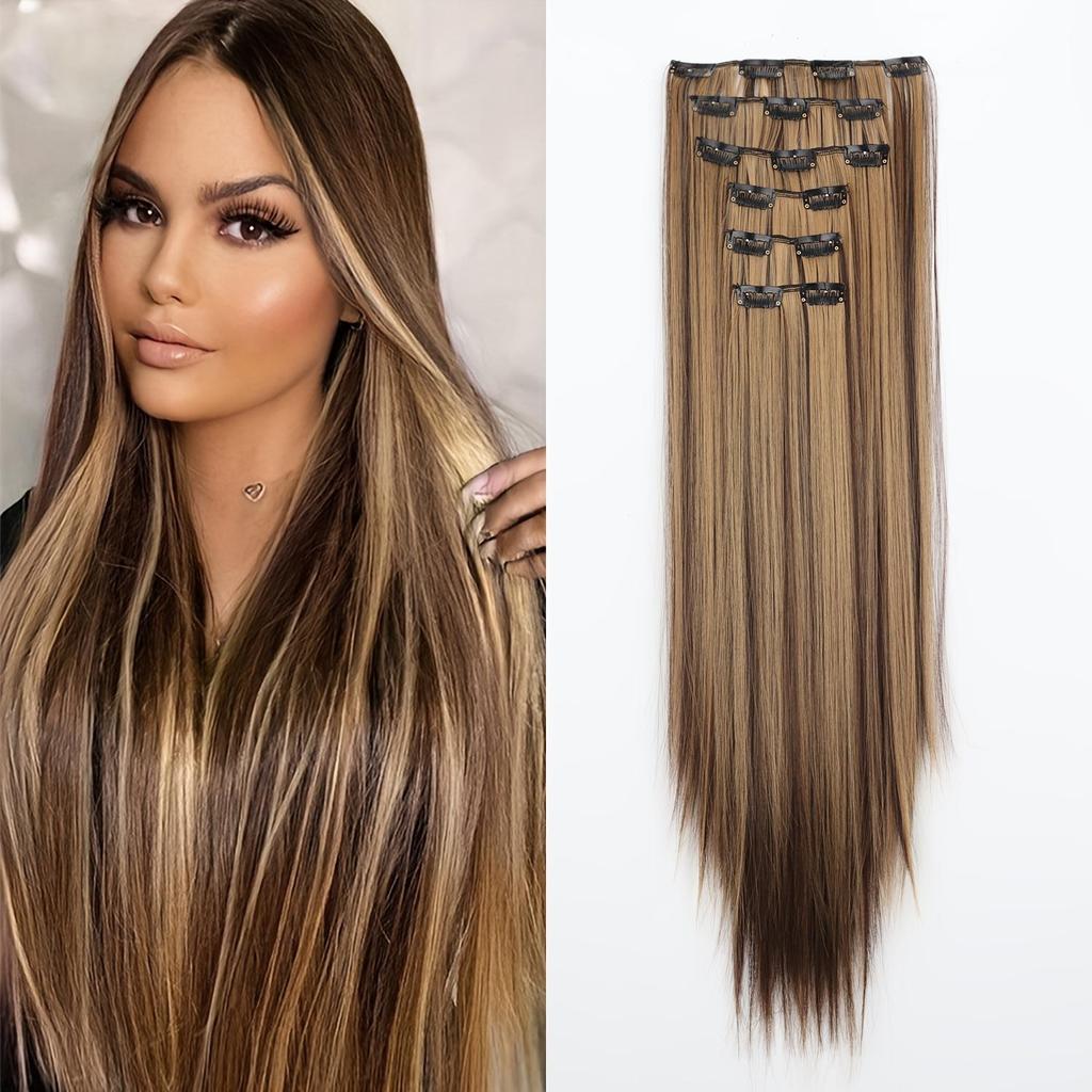 6PCS Clip in Hair Extensions 24" Straight Long Synthetic Hairpieces for Women Daily Party Halloween Black Brown