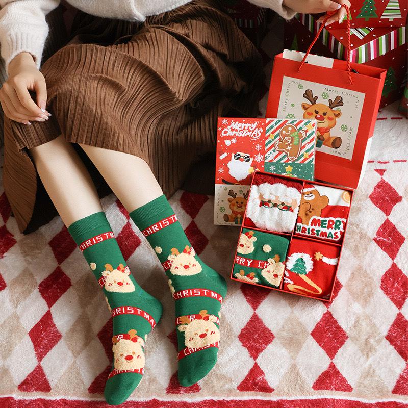 Christmas Gift Box: Women's Cute Cartoon Mid-Calf Socks for Autumn/Winter - Perfect for Girlfriends