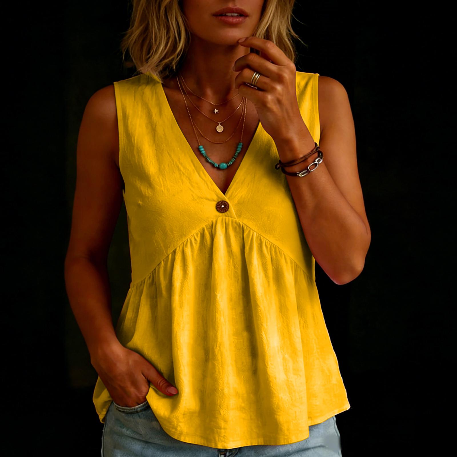 

Women s Fashionable Color Casual Button V-neck Shirt Pullover T-shirt Top S жёлтый