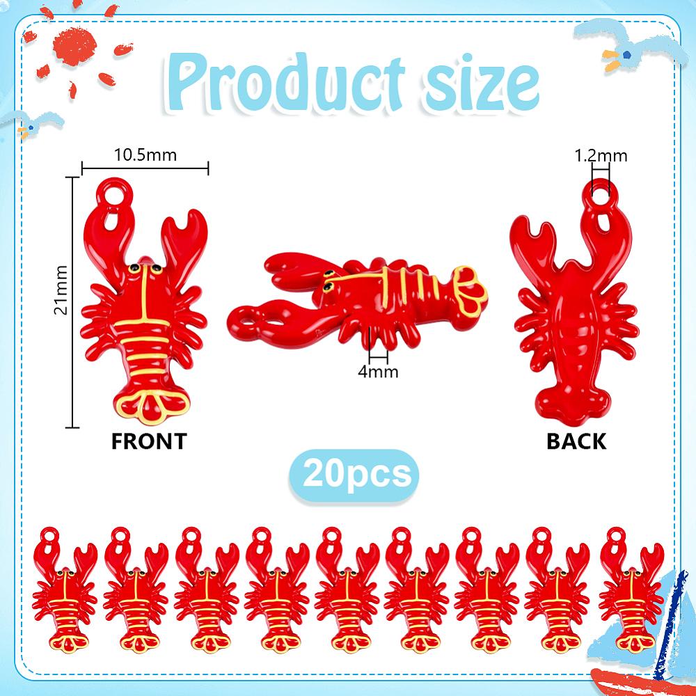 20Pcs Alloy Pendants Baking Paint Lobster Charms Red 21x10.5x4mm Hole: 1.2mm