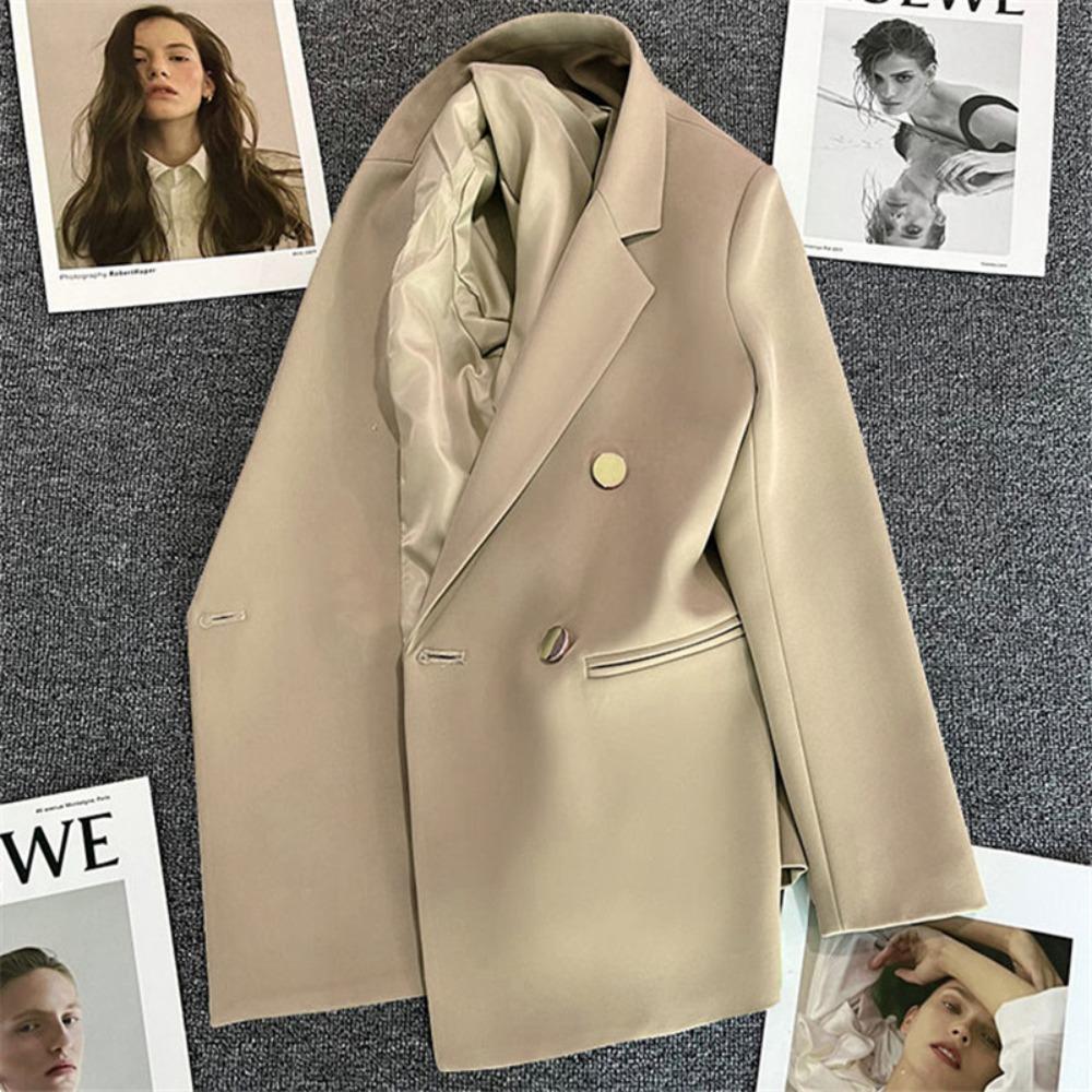 Women's Notched Collar Long Sleeve Blazer Loose Fit Casual Office Jacket Solid Color Single Breasted Pocket Outerwear