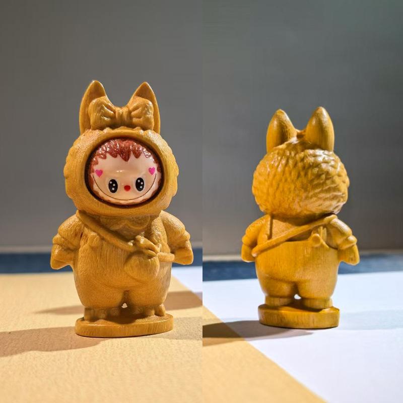 

Golden Wood Carving Cartoon Cute Solid Elf Rabub Figure Doll Desktop DIY Office Ornament