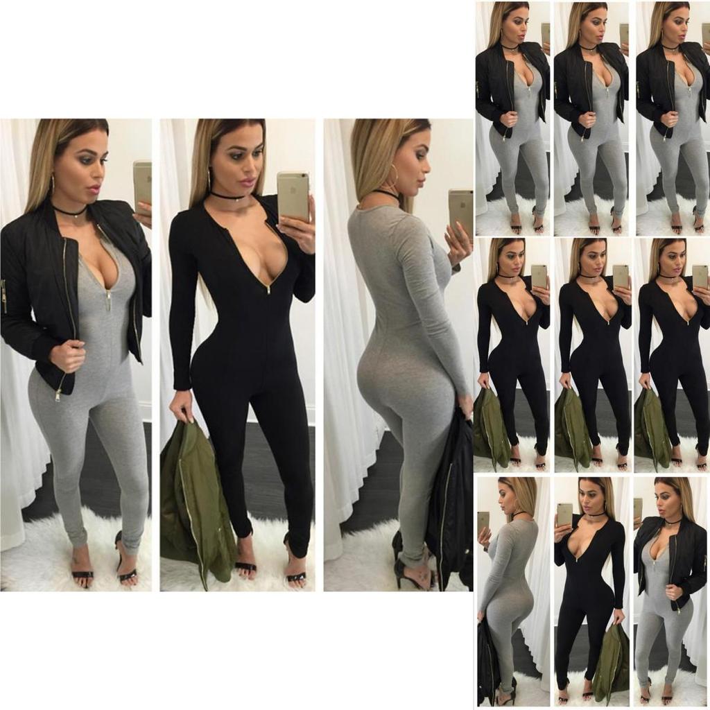 Hochwertiger Damen Reißverschluss Overall Bandage Bodycon Jumpsuit Clubwear Langarm Romper