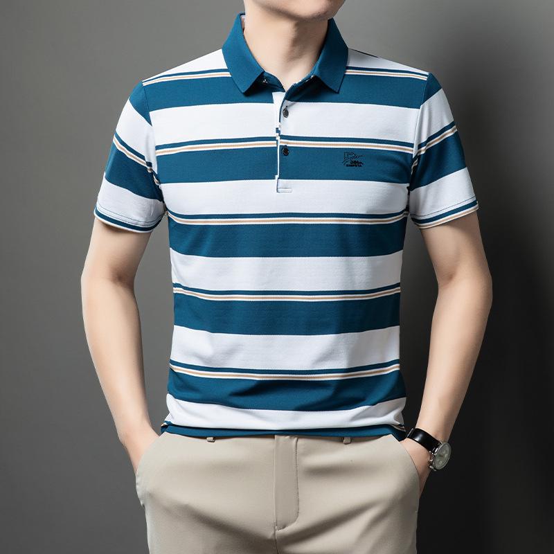 

Мужская летняя рубашка-поло из ледяного шелка 2025: Короткий рукав, деловой кэжуал для пап среднего и пожилого возраста, свободный крой с отложным воротником. XXXL синий