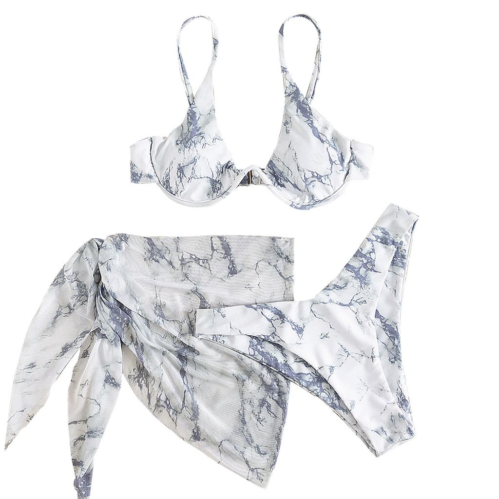 Women's Summer Fashion Sexy Marble-print Adjust The Shoulder Straps Waist  Veils Knot Hem Bikini  Three-pieces Swimsuit