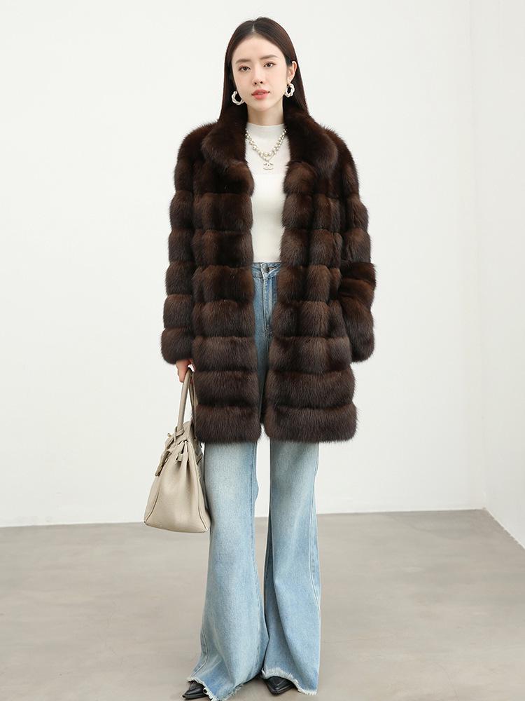 Eco-friendly Russian Sable Black and Gold Fur Coat for Women - Spring 2026 Collection, Thick and Warm, Versatile Design.
