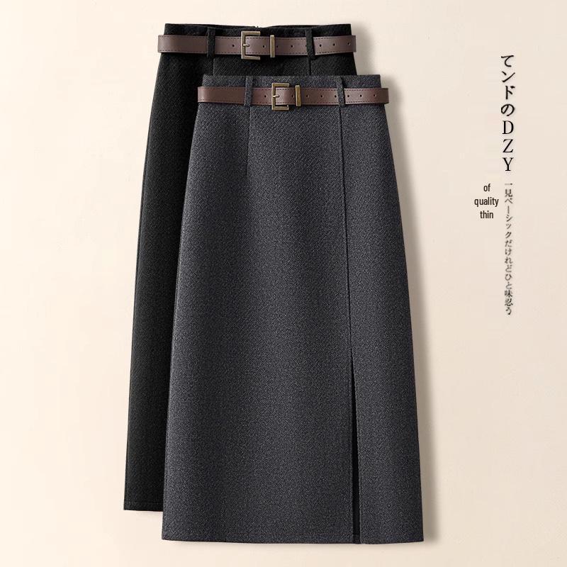 

Luxury Gray Wool A-Line Midi Skirt for Women - Elegant Autumn/Winter 2024 Hip Wrap with Slit 2XL: 130-140 jin