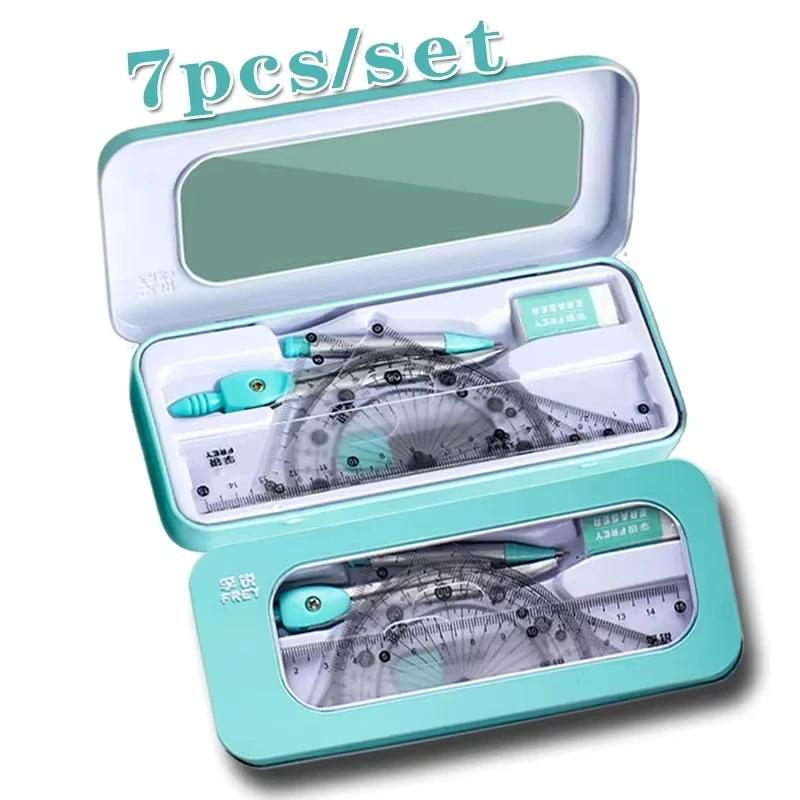7 PCS Compass and Ruler Sets Triangle Ruler Protractor Rubber Student Exam Specific Ruler Box Set Ruler Set School Starts