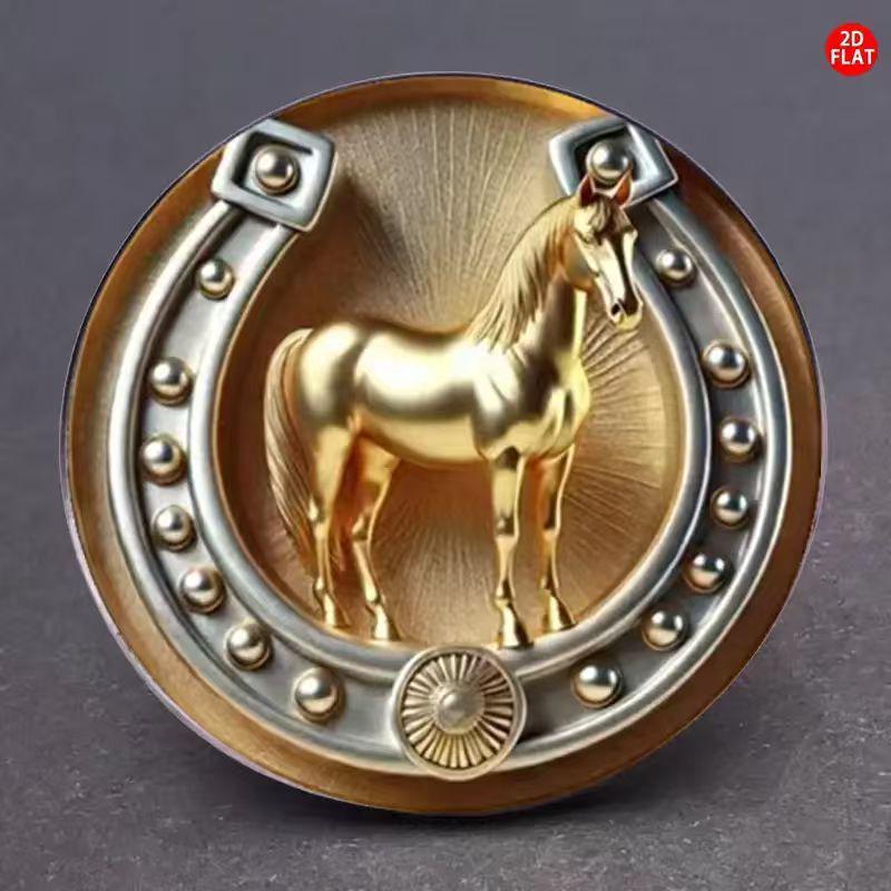 

Retro Lucky Horseshoe Gold Brooch with Horse Head and Sun Halo Design