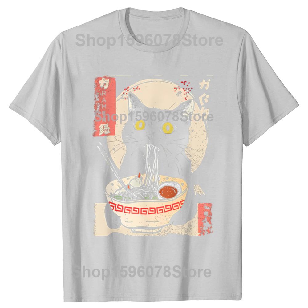 Kawaii Cat Eating Ramen Noodles Funny Anime Tshirts Men Fashion Print Tshirt Loose Oversized Streetwear Hip Hop Unisex T Shirt