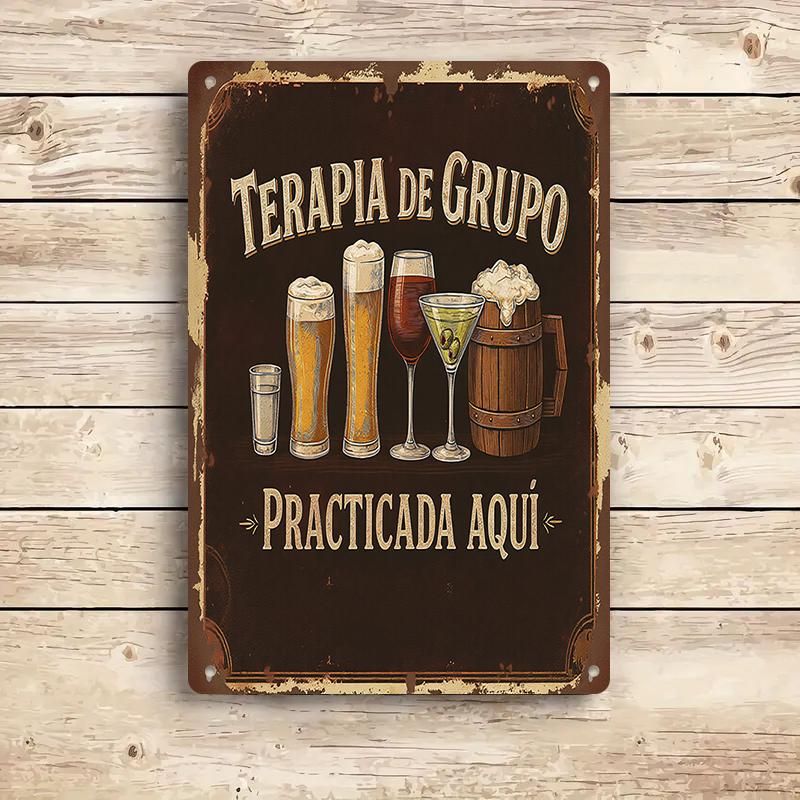 

1PC 2D flat retro style Spanish humorous bar decoration tin painting creative Terapia de Grupo beer cup pattern wall decoration (as the picture,20x30cm)