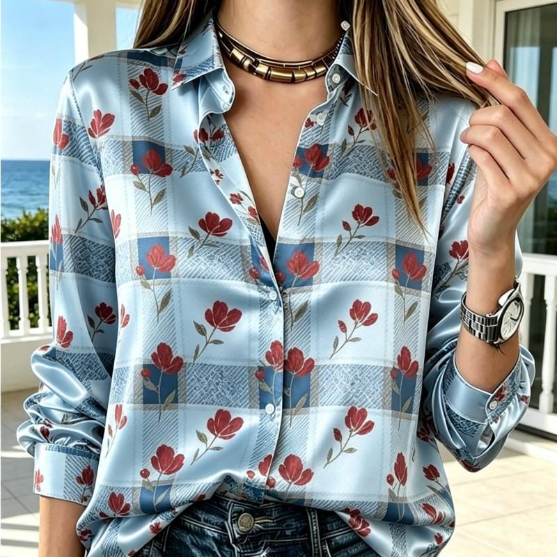 Womens Long Sleeve Satin Blouse Plaid Floral Mixed Print Lapel Button Up Casual Daily Office Wear Multi Color
