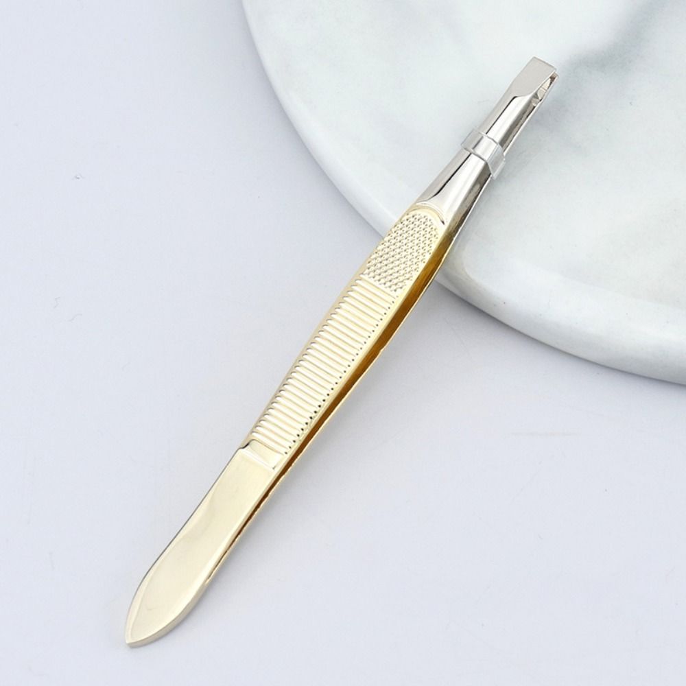 Stainless Steel Eyebrow Trimming Tweezers Slant Tip Plucking Eyelash Curler Flat Tip Mesh Stripe Handle Face Hair Removal Tools