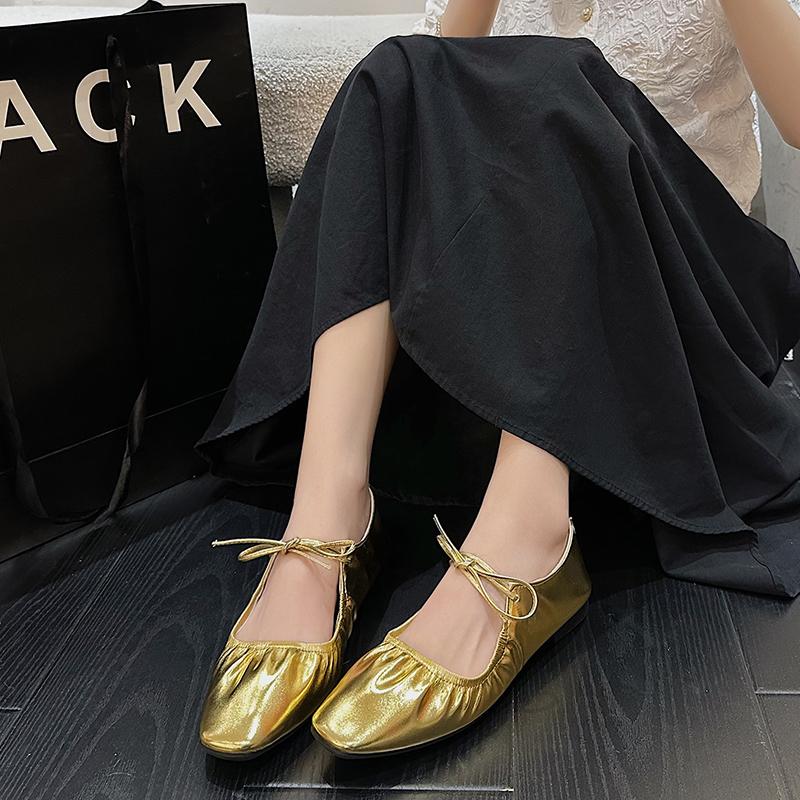 Fashion Women Flat Shoes Genuine Leather Sheepskin Comfort Flats Slip On Silver Beige Simple Shoes Spring Autumn Soft Loafers Square Toe