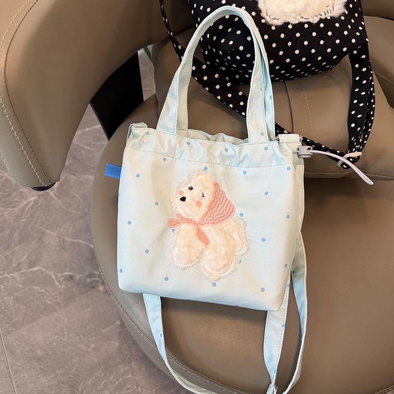 Cute Embroidery Women'S Drawstring Shoulder Bag Cartoon College Girls Book Tote Shopping Bags Large Capacity Female Handbags
