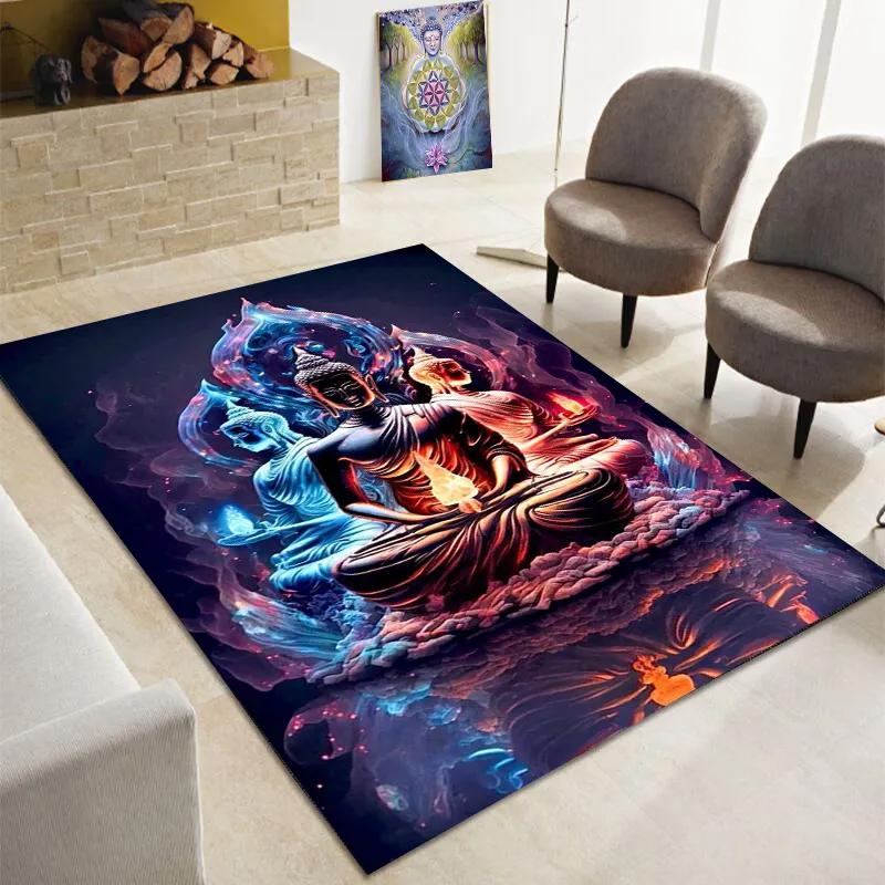 Buddha Teppich, Buddhismus Bereichsteppiche für Schlafzimmer Wohnzimmer Eingangsbereich, Buddha Statue Muster Meditation Bodenmatte Rutschfester Yoga Teppich