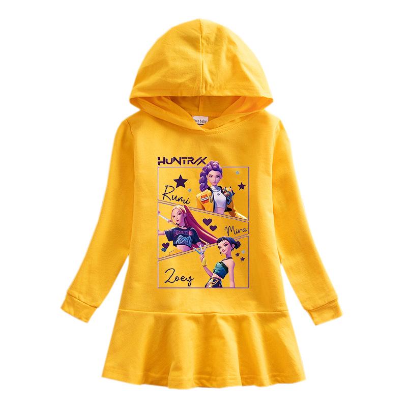Kpop Demon Hunter Girl Cartoon Rainbow Ruffle Dress – Long Sleeve Hooded Princess Dress for Spring/Autumn