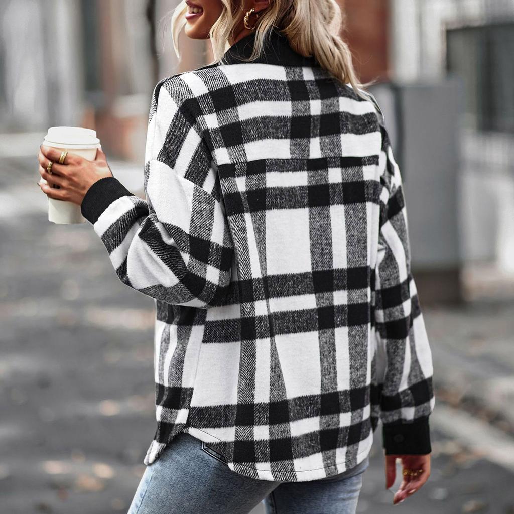 Women's Fashion Plaid Long Sleeve Loose Casual Fall And Winter Tops Jacket