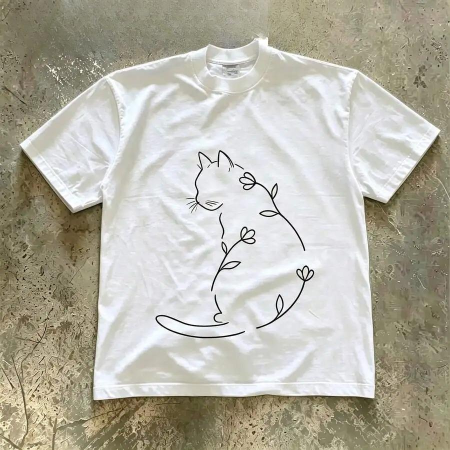 Unisex Minimal One Line Cat Flower Graphic Print Oversized Relaxed Fit Heavyweight Cotton Crew Neck Short Sleeve Y2k Couple Casual Everyday Tee