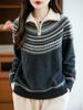 Women's Retro Pure Wool Jacquard Stripe Sweater Jacket with Zipper Stand Collar